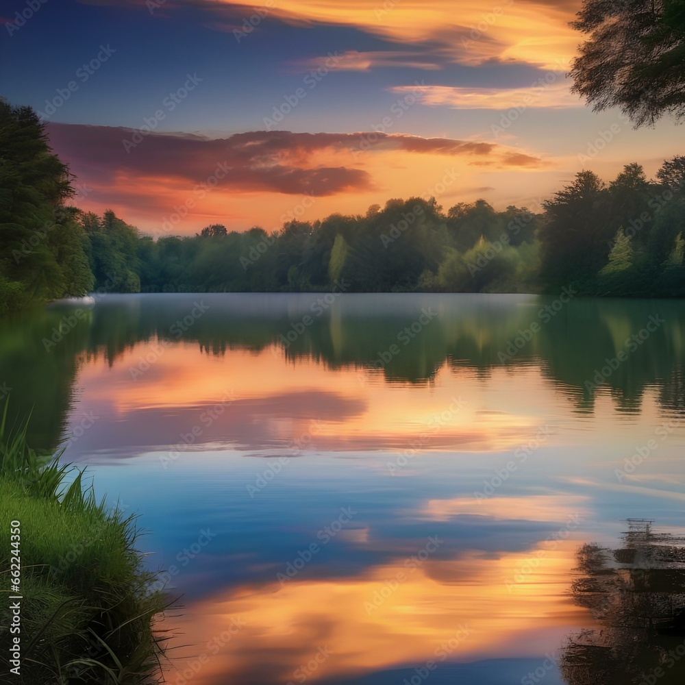 A serene sunset over a calm lake, evoking a sense of tranquility1