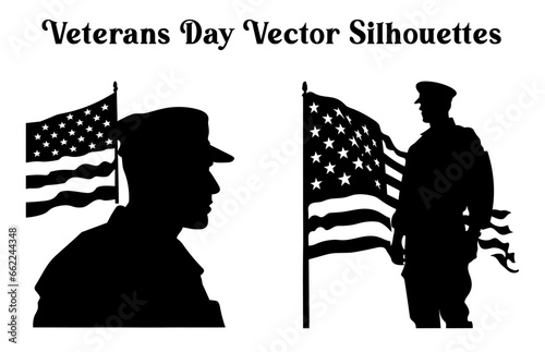 Veterans Army with American Flag Silhouettes Vector, Silhouettes of Army Soldier with USA Flag vector