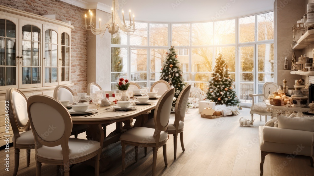 A dining room on Christmas with a Christmas tree and a decorated dining table. The Christmas Dining Room Delight. Generative AI