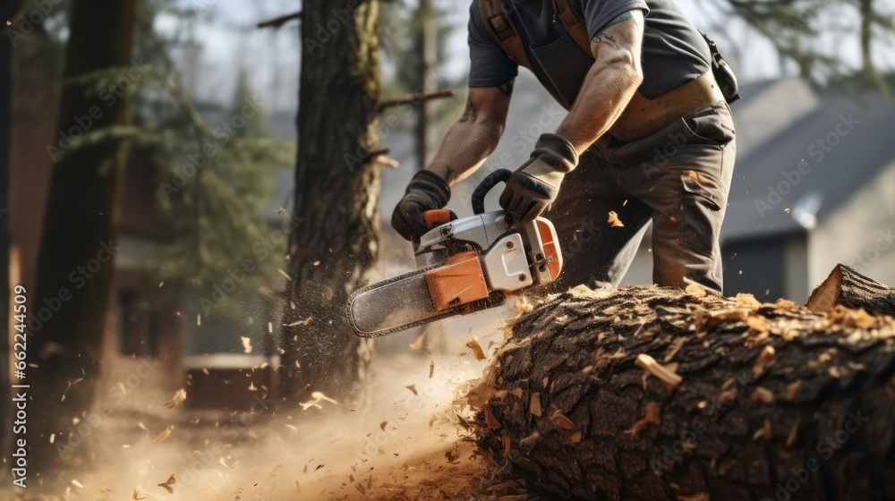 Sawdust flies from chainsaw. Woodcutter saws tree with chainsaw. Generative AI Sawdust flies from chainsaw. Woodcutter saws tree with chainsaw. Generative AI