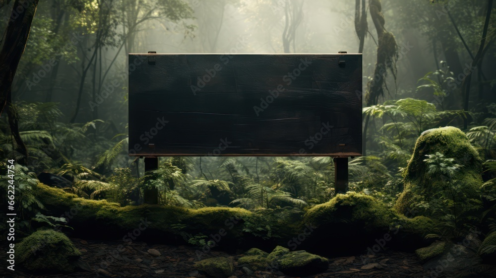An empty signboard stands amidst the dense greenery of a forest An empty signboard stands amidst the dense greenery of a forest
