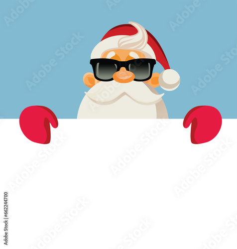 Vector Santa Claus Holding a Blank Placard for Message Announcement. Cool Santa announcing winter sales during the holidays
