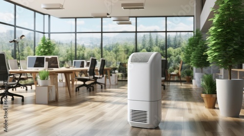Modern Office, Purified Ambiance. Air Purifier In Modern Open Plan Office For Fresh Air And Healthy Life. Generative AI photo