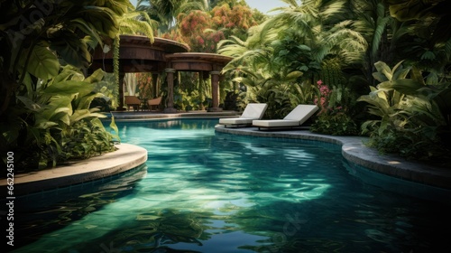 Luxurious swimming pool sits surrounded by a lush garden, offering a private paradise