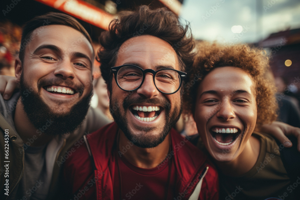 A group of male and female soccer fans tbefore match of their favorite team A group of male and female soccer fans tbefore match of their favorite team