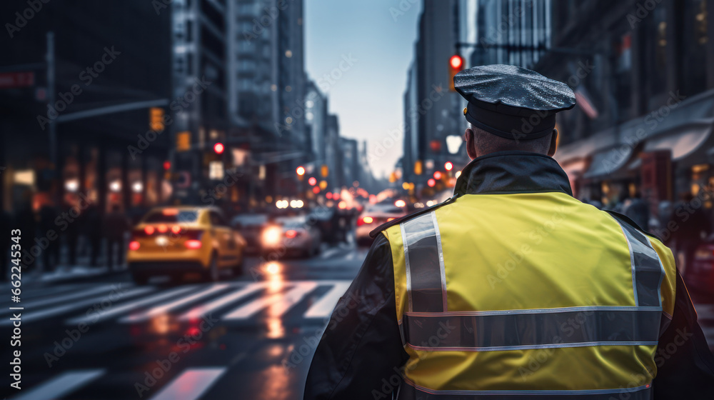 Dedicated policeman directs traffic, ensuring smooth and safe flow in the bustling city