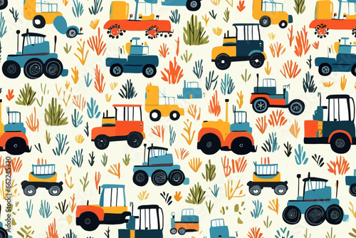 Tractors in action quirky doodle pattern, wallpaper, background, cartoon, vector, whimsical Illustration
