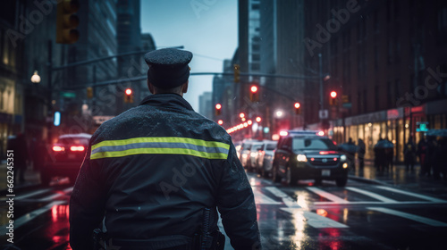 Dedicated policeman directs traffic, ensuring smooth and safe flow in the bustling city