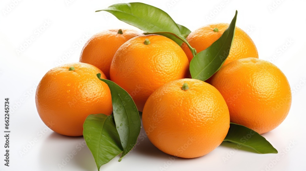 Bright mandarin oranges, or tangerines, accompanied by fresh leaves Bright mandarin oranges, or tangerines, accompanied by fresh leaves