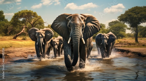 An elephant herd in the wild, featuring united herds walking together and playing in the water. Generative AI