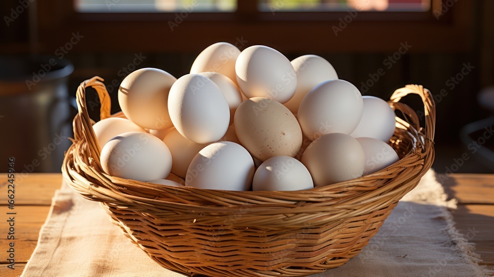 Basket of fresh eggs, symbolizing farm-to-table freshness, sits atop a wooden table Basket of fresh eggs, symbolizing farm-to-table freshness, sits atop a wooden table