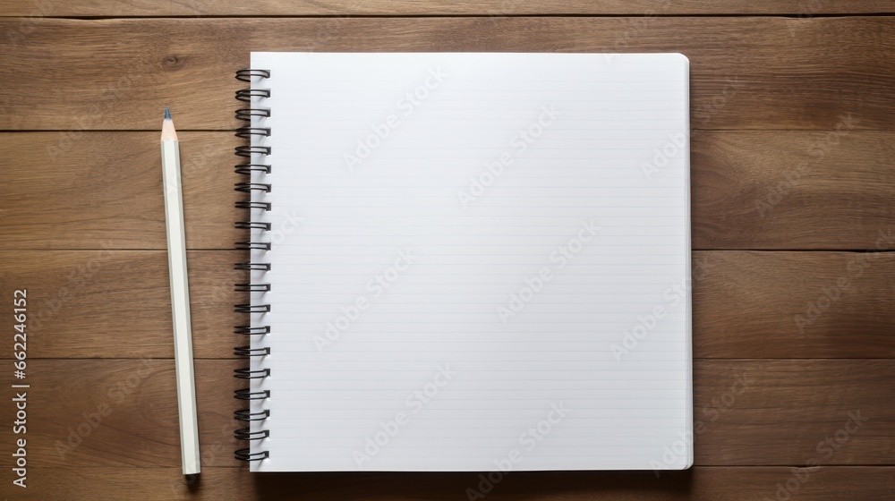 Blank white notebook and pencil rest on an aged wooden table Blank white notebook and pencil rest on an aged wooden table