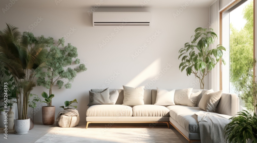 Modern air conditioner displays the temperature above a cozy sofa in a well-decorated living room