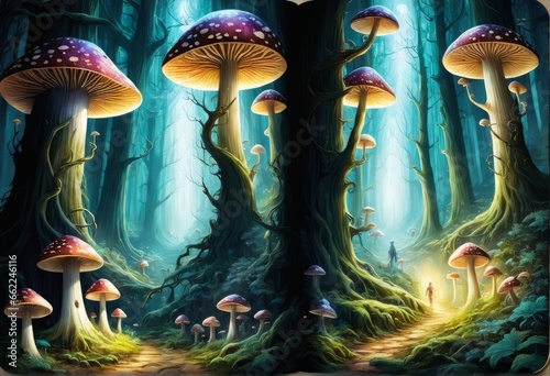 magic forest with mushrooms and mushrooms magic forest with mushrooms and mushrooms magic forest with mushrooms and plants in the night. high quality illustration