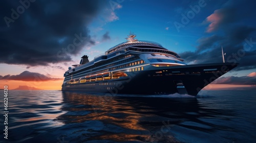 Grand cruise ship sails the vast ocean, promising adventure and luxury