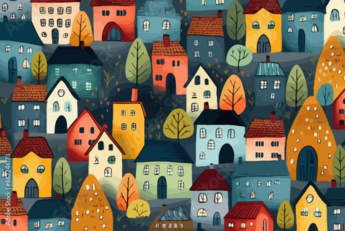 Simple towns and villages quirky doodle pattern, wallpaper, background, cartoon, vector, whimsical Illustration