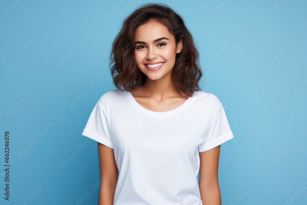 retrato mujer joven  sonriente vistiendo camiseta blanca de manga corta  sobre fondo  azul claro con espacio vacio  - obrazy, fototapety, plakaty 