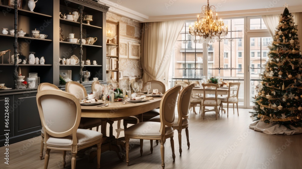 Holiday Harmony - A Dining Room Radiating Christmas Warmth. Generative AI Holiday Harmony - A Dining Room Radiating Christmas Warmth. Generative AI