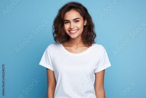 retrato mujer joven sonriente vistiendo camiseta blanca de manga corta sobre fondo azul claro con espacio vacio 