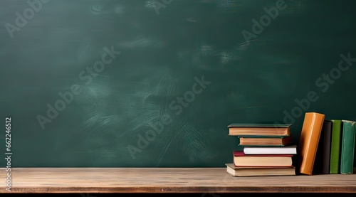 wooden table with books on a green blackboard background, class concept