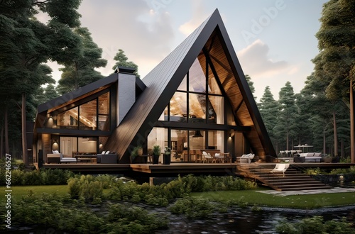 modernist triangle-shaped villa in the middle of the woods, concept architecture