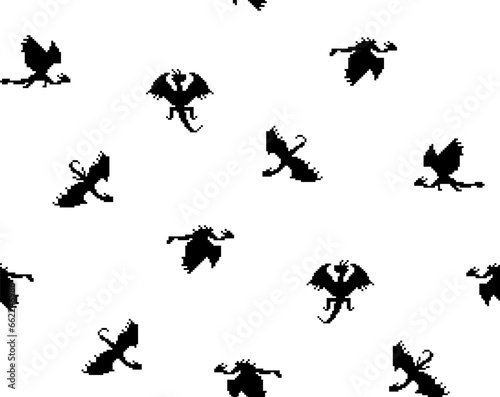 Pixel art black silhouettes of dragons black and white seamless pattern on white background. Vector for new year 2024 package, textile, mens clothing, packaging, wallpaper, apparel fabric, home decor. © Rina Ka