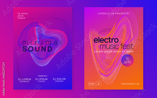 Neon sound flyer. Electro dance music. Electronic fest event. Club dj poster. Techno trance party.