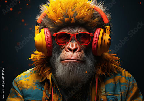 funny portrait of a monkey wearing a head phone