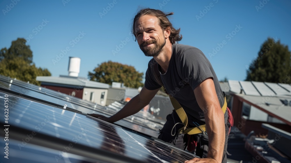 Man is installing solar panels on the roof Man is installing solar panels on the roof