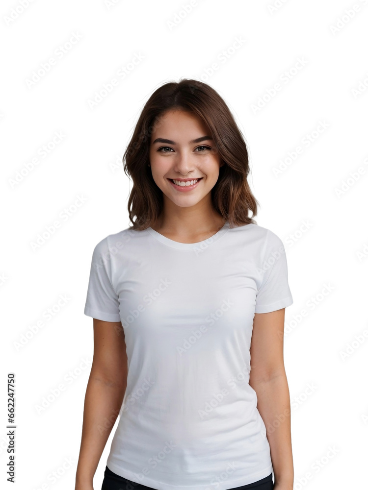 Young woman wearing a white shirt smiling and looking at the camera, Happiness concept, isolated, transparent background, no background. PNG. Young woman wearing a white shirt smiling and looking at the camera, Happiness concept, isolated, transparent background, no background. PNG.
