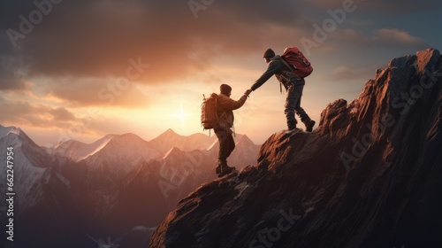 Person is helping another person climb to the top