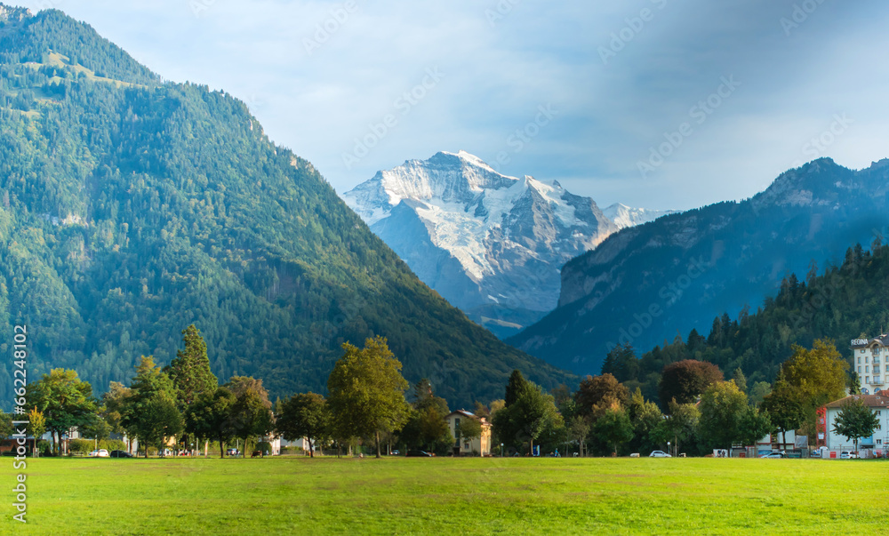 Vacation in Mountains. Traveling and adventure concept. Alps landscape, tourism concept scene  