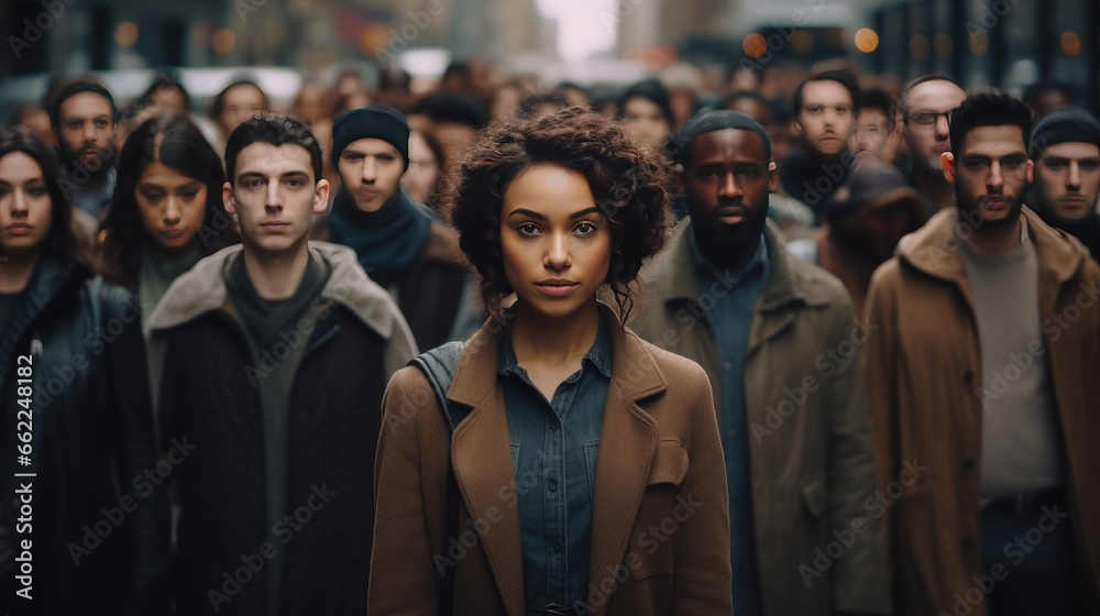 Group of people is standing on the street - obrazy, fototapety, plakaty 