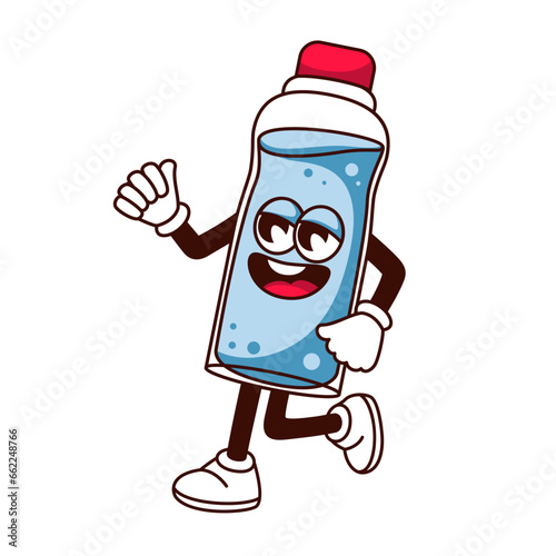 Groovy water bottle character vector illustration. Cartoon isolated retro sticker with transparent container of healthy blue mineral water, psychedelic fresh fitness drink with arms and legs walking