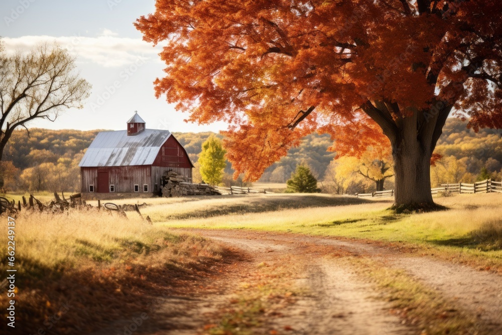 Beautiful landscape of a charming countryside scene, where a rustic barn is surrounded by trees in their fall splendor, autumn concert Beautiful landscape of a charming countryside scene, where a rustic barn is surrounded by trees in their fall splendor, autumn concert