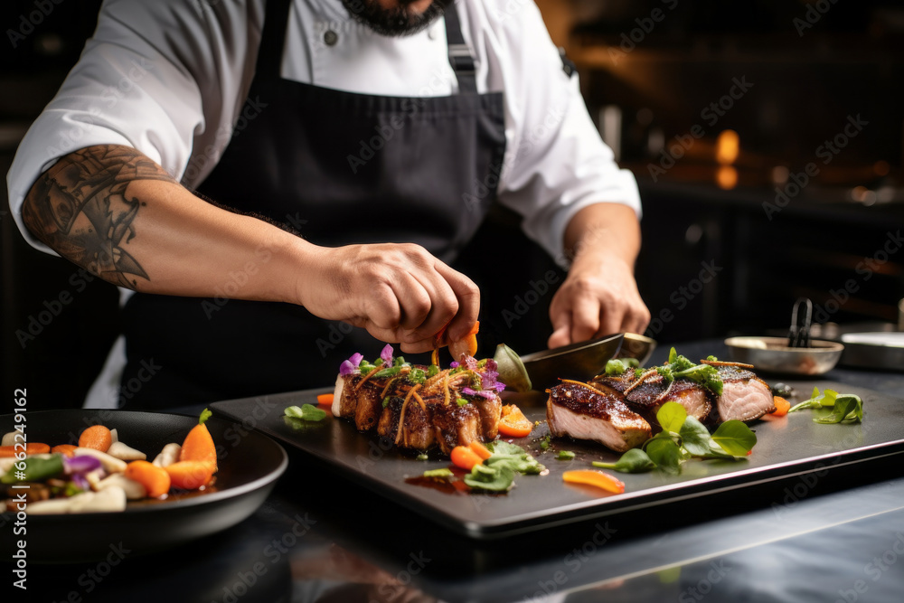 A chef artfully arranging a plate of grilled meat cuts accompanied by vibrant side dishes, showcasing the aesthetics of gastronomy. A chef artfully arranging a plate of grilled meat cuts accompanied by vibrant side dishes, showcasing the aesthetics of gastronomy.