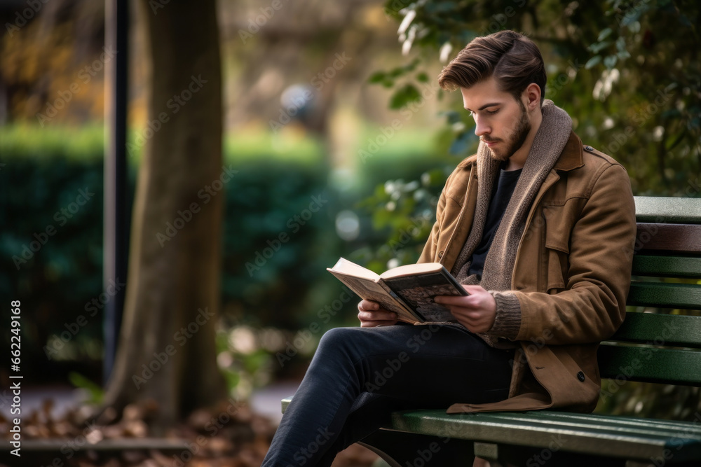 A young man, engrossed in reading a book while sitting on a park bench, portraying the tranquil pleasure of escaping into literature. A young man, engrossed in reading a book while sitting on a park bench, portraying the tranquil pleasure of escaping into literature.