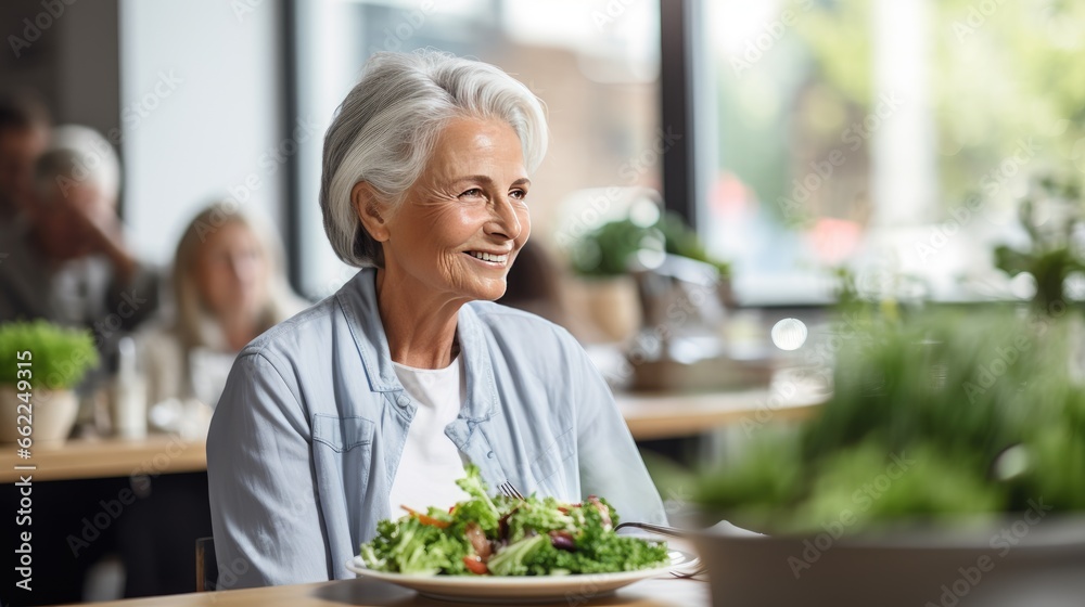 Elderly woman is having lunch in a restaurant