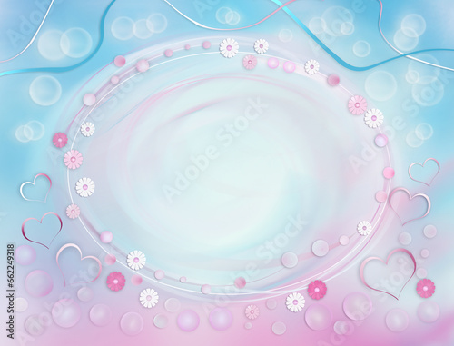 Cute pink- blue gradient greeting background with frame, decorated bubbles, wavy ribbons, hearts ,flowers .Free copy space. Baby born, kids birthday, birthday party concept. 