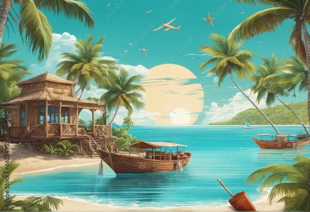 beautiful tropical beach with a boat and a palm tree 3d render of a wooden boat on a beach beautiful tropical beach with a boat and a palm tree