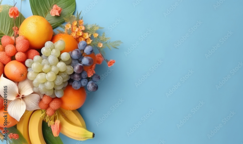 Vibrant bouquet of fresh fruits and delicate flowers against a tranquil. Vibrant bouquet of fresh fruits and delicate flowers against a tranquil.