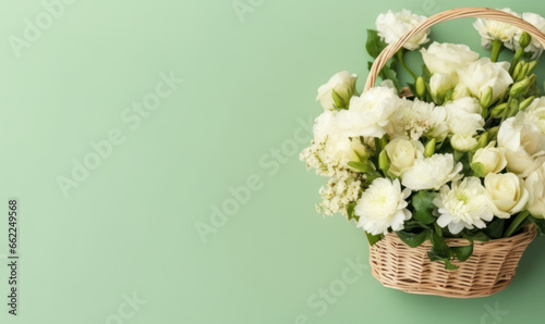 A woven basket filled with delicate white flowers. © smth.design