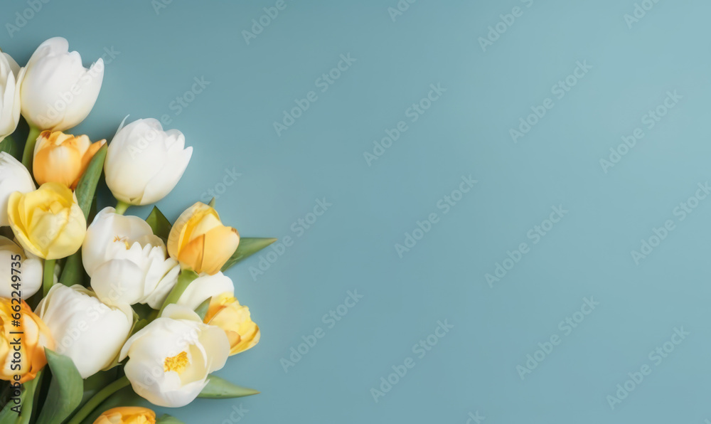 Fototapeta premium Delicate peonies on an pastel blue background.
