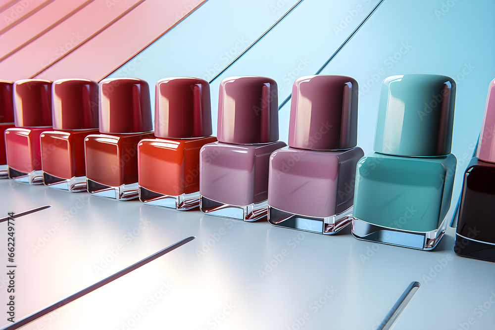 Row of nail polish bottles with different colors in 3d style, generate