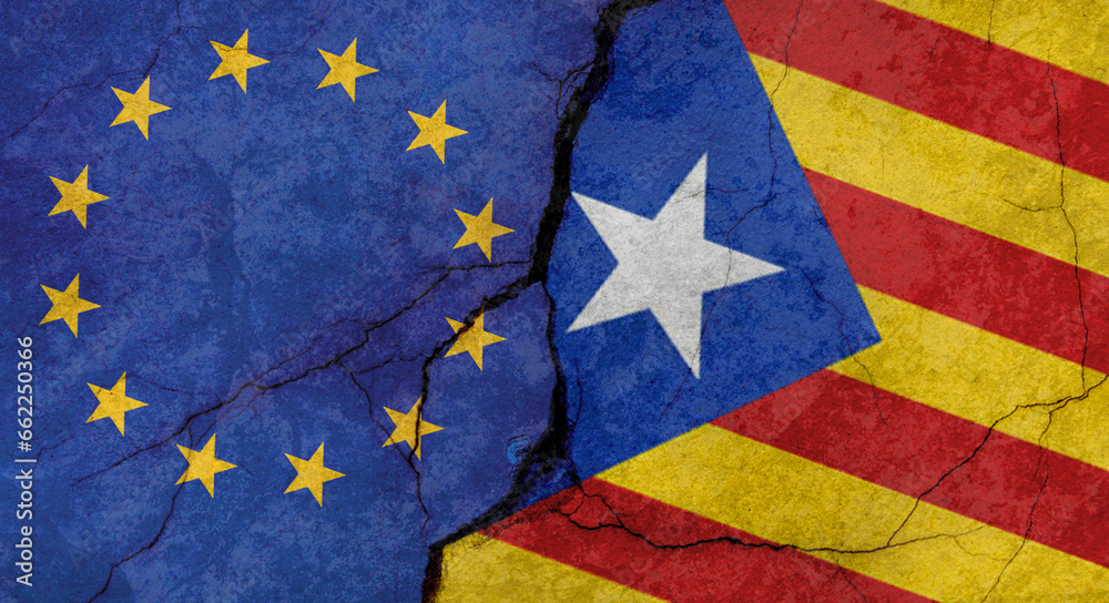 European Union and Catalonia flags, concrete wall texture with cracks, grunge background, military conflict concept