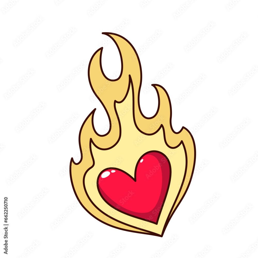 Groovy heart with fire vector illustration. Cartoon isolated burning red heart emoji for