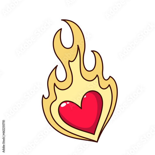 Groovy heart with fire vector illustration. Cartoon isolated burning red heart emoji for Valentines Day, symbol of love and passion, romance and wedding, crazy hot flaming psychedelic sticker