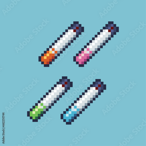 Pixel art sets of cigarette with variation color item asset. Simple bits of cigarette on pixelated style. 8bits perfect for game asset or design asset element for your game design asset.