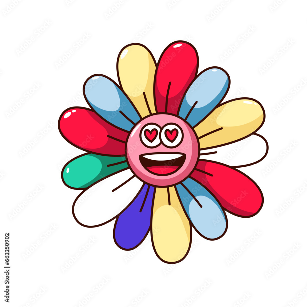 Groovy daisy character vector illustration. Cartoon isolated flower in love with hearts in eyes, retro daisy emoji with funny face and smile, varicolored petals in rainbow colors for Valentines Day Groovy daisy character vector illustration. Cartoon isolated flower in love with hearts in eyes, retro daisy emoji with funny face and smile, varicolored petals in rainbow colors for Valentines Day