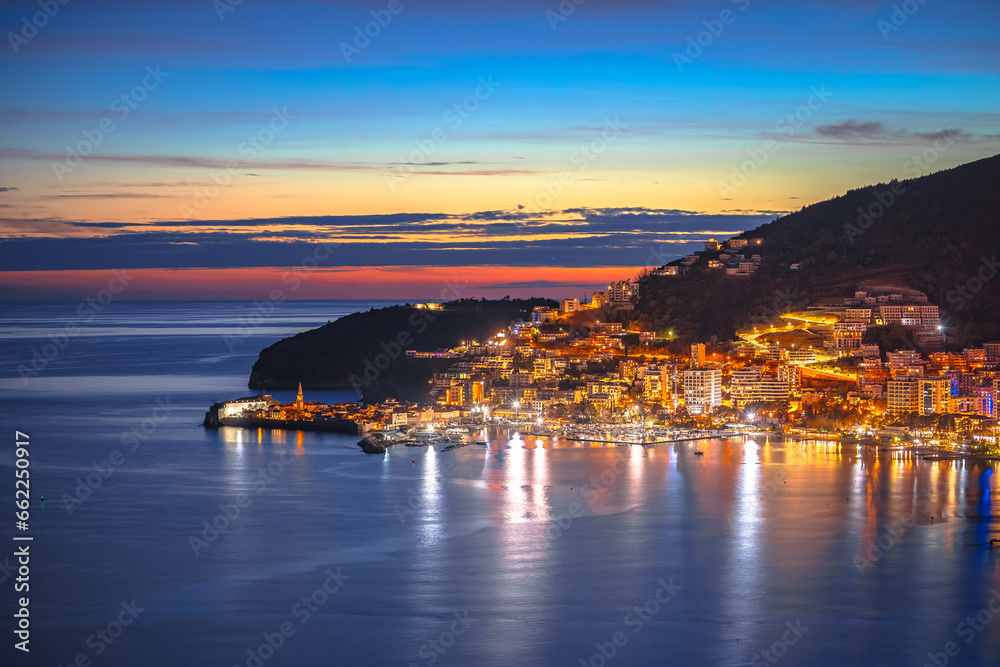 Town of Budva coastline architecture colorful evening view